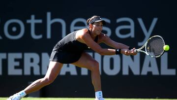 EASTBOURNE, ENGLAND - JUNE 20: Garbine Muguruza of Spain in action during her first round match against Magdalena Frech of Poland on day three of the Rothesay International Eastbourne at Devonshire Park on June 20, 2022 in Eastbourne, England. (Photo by Charlie Crowhurst/Getty Images for LTA)