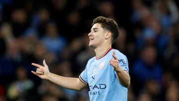 MANCHESTER, ENGLAND - NOVEMBER 09: Julian Alvarez of Manchester City celebrates after scoring their sides second goal during the Carabao Cup Third Round match between Manchester City and Chelsea at Etihad Stadium on November 09, 2022 in Manchester, England. (Photo by Lynne Cameron - Manchester City/Manchester City FC via Getty Images)