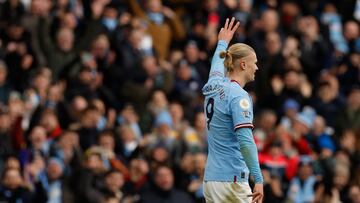 Soccer Football - Premier League - Manchester City v Wolverhampton Wanderers - Etihad Stadium, Manchester, Britain - January 22, 2023 Manchester City's Erling Braut Haaland celebrates scoring their third goal and his hat-trick Action Images via Reuters/Jason Cairnduff EDITORIAL USE ONLY. No use with unauthorized audio, video, data, fixture lists, club/league logos or 'live' services. Online in-match use limited to 75 images, no video emulation. No use in betting, games or single club /league/player publications. Please contact your account representative for further details.