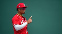 GOODYEAR, ARIZONA - MARCH 06: Noelvi Marte #16 of the Cincinnati Reds signals to teammates between batters in the second inning during a spring training game against the Milwaukee Brewers at Goodyear Ballpark on March 06, 2024 in Goodyear, Arizona.   Aaron Doster/Getty Images/AFP (Photo by Aaron Doster / GETTY IMAGES NORTH AMERICA / Getty Images via AFP)