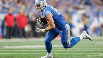 Jan 21, 2024; Detroit, Michigan, USA; Detroit Lions tight end Sam LaPorta (87) makes a catch against the Tampa Bay Buccaneers during the first half in a 2024 NFC divisional round game at Ford Field. Mandatory Credit: Junfu Han-USA TODAY Sports