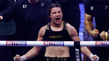 Boxing - Chantelle Cameron v Katie Taylor - IBF, IBO, WBA, WBC & WBO World Super Lightweight Titles - 3Arena, Dublin, Ireland - November 25, 2023 Katie Taylor celebrates winning her fight against Chantelle Cameron REUTERS/Clodagh Kilcoyne