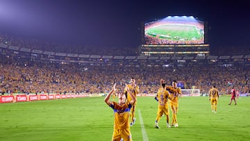 Juan Brunetta celebrates his goal 3-0 of Tigres during the quarter-final second match between Tigres UANL and Tijuana as part of the Liga BBVA MX, Torneo Apertura 2025 at Universitario Stadium, on November 29, 2025 in Monterrey, Nuevo Leon, Mexico.
