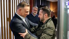 Ukrainian President Volodymyr Zelenskiy and Polish President Andrzej Duda meet after Zelenskiy's visit to Washington, at Rzeszow-Jasionka Airport, Poland, December 22, 2022. Jakub Szymczuk/KPRP/Handout via REUTERS ATTENTION EDITORS - THIS IMAGE HAS BEEN SUPPLIED BY A THIRD PARTY.