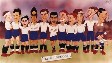 Caricatura de los &#039;Alifantes&#039;: Tom&aacute;s, Ruiz, Ameztoy, Municha, Ort&uacute;zar, Olivares, Pelayo, Primo, Alonso, G&oacute;mez, Ler&iacute;n y el ni&ntilde;o mascota Santos Pina.