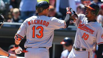 Aug 7, 2016; Chicago, IL, USA;Baltimore Orioles third baseman Manny Machado (13) is congratulated by center fielder Adam Jones (10) after hitting his third home run of the game during the third inning against the Chicago White Sox at U.S. Cellular Field. Mandatory Credit: Dennis Wierzbicki-USA TODAY Sports