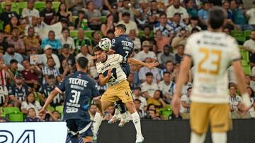 Aug 3, 2024; Austin, Texas, USA; Pumas UNAM defender Lisandro Magallan (4) and CF Monterrey forward German Berterame (7) battle for the ball during the first half at Q2 Stadium. Mandatory Credit: Scott Wachter-USA TODAY Sports