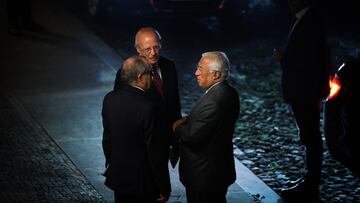 Portuguese Prime Minister Antonio Costa (R) talks to the speaker of the Portuguese parliament, Augusto Santos Silva, after the state council meeting at Belem Palace in Lisbon on November 9, 2023. Portuguese President Marcelo Rebelo de Sousa today dissolved parliament and called an election for March 10, after Prime Minister Antonio Costa resigned over a corruption investigation. Costa, Portugal's Socialist premier since 2015, quit on November 7 after being embroiled in a corruption probe concerning the awarding of energy-related contracts, sparking a political crisis. (Photo by MARIO CRUZ / AFP)