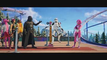 Darth Vader agarra con la Fuerza a un Stormtrooper Imperial para que d&eacute; la altura necesaria para montar en la atracci&oacute;n
