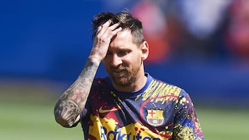 VITORIA-GASTEIZ, SPAIN - JULY 19: Lionel Messi of FC Barcelona reacts during the Liga match between Deportivo Alaves and FC Barcelona at Estadio de Mendizorroza on July 19, 2020 in Vitoria-Gasteiz, Spain. Football Stadiums around Europe remain empty due t