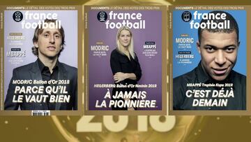 Las portadas de &#039;France Football&#039; con los ganadores del Bal&oacute;n de Oro 2018 y el Trofeo Kopa: Luka Modric, Ada Hegerberg y Kylian Mbapp&eacute;.