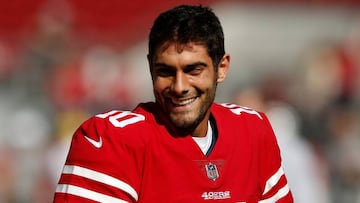 SANTA CLARA, CA - NOVEMBER 05: Jimmy Garoppolo #10 of the San Francisco 49ers warms up prior to their game against the Arizona Cardinals at Levi's Stadium on November 5, 2017 in Santa Clara, California. Lachlan Cunningham/Getty Images/AFP FILE - FEBRUARY 8: The San Francisco 49ers have reached an agreement with Jimmy Garoppolo, signing the quarterback to a five-year, $137.5 million contract.
== FOR NEWSPAPERS, INTERNET, TELCOS & TELEVISION USE ONLY ==