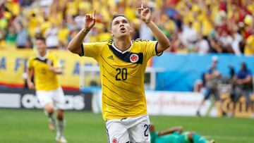 Juan Fernando Quintero celebrando su gol con la Selección Colombia en el triunfo sobre Costa de Marfil en el Mundial de Brasil 2014