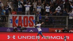 Futbol, Universidad Catolica vs Union Espanola.
 Fecha 2, campeonato Nacional 2022.
 El jugador de Universidad Catolica Diego Valencia, centro, celebra su gol contra Union Espanola durante el partido de primera division disputado en el estadio San Carlos 