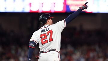 ATLANTA, GEORGIA - OCTOBER 09: Austin Riley #27 of the Atlanta Braves rounds the bases after hitting a two-run home run in the eighth inning against the Philadelphia Phillies during Game Two of the Division Series at Truist Park on October 09, 2023 in Atlanta, Georgia.   Kevin C. Cox/Getty Images/AFP (Photo by Kevin C. Cox / GETTY IMAGES NORTH AMERICA / Getty Images via AFP)