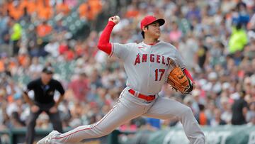 Jul 27, 2023; Detroit, Michigan, USA; Los Angeles Angels starting pitcher Shohei Ohtani (17) pitches in the third inning against the Detroit Tigers at Comerica Park. Mandatory Credit: Rick Osentoski-USA TODAY Sports
