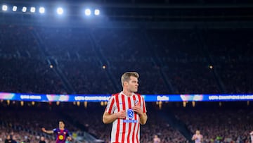 08/04/2026 UEFA CAMPIONS LEAGUE.
PARTIDO DE IDA DE LOS CUARTOS DE FINAL ENTRE EL FC BARCELONA Y EL ATLETICO DE MADRID EN EL SPOTIFY CAMP NOU.
SORLOTH (9) ATLETICO DE MADRID