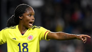 (FILES) Colombia's midfielder Linda Caicedo reacts during the women's international friendly football match between France and Colombia at Stade Gabriel Montpied in Clermont-Ferrand, central France, on April 7, 2023. At the age of 18, she's the heroine of dozens of girls in the small town where she grew up, reached the elite with Real Madrid and will play her third World Cup in less than 12 months: Linda Caicedo, the outstanding young woman of women's soccer in Colombia (Photo by FRANCK FIFE / AFP)