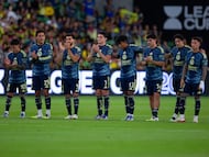Alejandro Zendejas, Ramon Juarez, Henry Martin, Israel Reyes, Isaias Violante, Dagoberto Espinoza, Alan Cervantes, Brian Rodriguez of America during the match between America and Portland Timbers as part of Phase One of the Leagues Cup 2025 at Q2 Stadium on August 06, 2025 in Austin, Texas, United States.