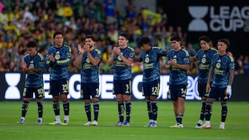 Alejandro Zendejas, Ramon Juarez, Henry Martin, Israel Reyes, Isaias Violante, Dagoberto Espinoza, Alan Cervantes, Brian Rodriguez of America during the match between America and Portland Timbers as part of Phase One of the Leagues Cup 2025 at Q2 Stadium on August 06, 2025 in Austin, Texas, United States.