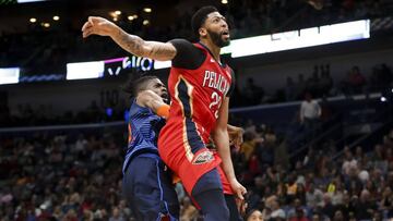 Feb 14, 2019; New Orleans, LA, USA; New Orleans Pelicans forward Anthony Davis (23) collides with Oklahoma City Thunder forward Nerlens Noel (3) during the second quarter at the Smoothie King Center. Davis left the game and did not return following the collision. Mandatory Credit: Derick E. Hingle-USA TODAY Sports