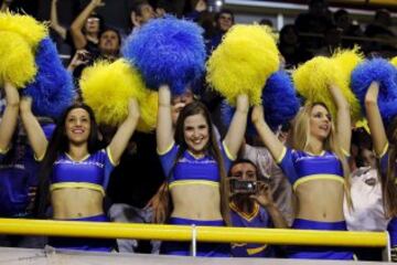 Boca Juniors cheerleaders perform before the start of the Copa Libertadores. 