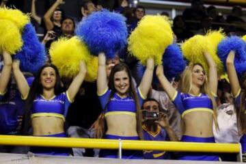 Boca Juniors cheerleaders perform before the start of the Copa Libertadores.