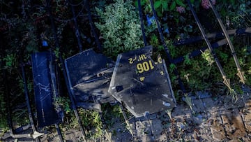 Parts of a Russian suicide drone lie at the site of a residential building damaged during a Russian drone and missile strike, amid Russia's attack on Ukraine, in the outskirts of Kyiv, Ukraine, September 20, 2025. REUTERS/Alina Smutko
