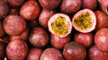 close up of fresh purple passion fruits harvest from farm