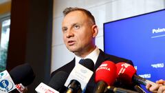 FILE PHOTO: Poland's President Andrzej Duda speaks during the press conference, as part of his two day visit to Britain, in London, Britain, May 24, 2023, REUTERS/Peter Cziborra/File Photo