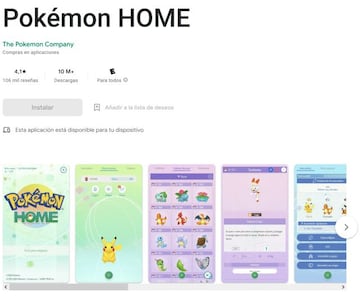 P&aacute;gina de Pok&eacute;mon HOME en la Play Store de Google