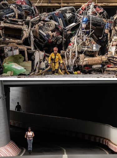 Imagen superior: Un miembro del cuerpo de bomberos, que forma parte de una unidad de búsqueda y rescate, realiza trabajos mientras los automóviles y los escombros bloquean un túnel en el límite de los municipios de Benetusser y Alfafar. Imagen inferior: El mismo túnel en la actualidad. 