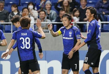 Gamba Osaka midfielder Ritsu Doan celebrates his goal against Adelaide.