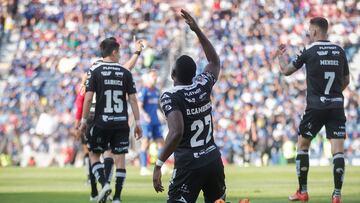 Necaxa's Colombian forward Diber Cambindo celebrates after scoring a goal during the Mexican Clausura football tournament match between Cruz Azul and Necaxa at the Ciudad de los Deportes stadium in Mexico City on March 16, 2024. (Photo by Rodrigo Oropeza / AFP)