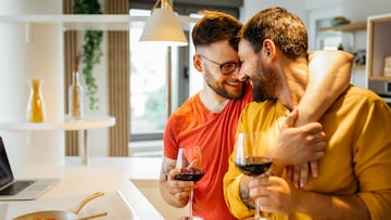 Happy hipster gay couple in love hugging while standing in the kitchen. They are cooking dinner together at home and drinking wine PAREJAS PAREJA AMOR
HOMOSEXUAL
NOVIOS MATRIMONIO
