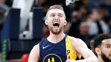 INDIANAPOLIS, IN - APRIL 05: Domantas Sabonis #11 of the Indiana Pacers celebrates against the Golden State Warrriors during the game at Bankers Life Fieldhouse on April 5, 2018 in Indianapolis, Indiana. NOTE TO USER: User expressly acknowledges and agrees that, by downloading and or using this photograph, User is consenting to the terms and conditions of the Getty Images License Agreement. Andy Lyons/Getty Images/AFP
== FOR NEWSPAPERS, INTERNET, TELCOS & TELEVISION USE ONLY ==
