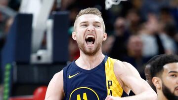 INDIANAPOLIS, IN - APRIL 05: Domantas Sabonis #11 of the Indiana Pacers celebrates against the Golden State Warrriors during the game at Bankers Life Fieldhouse on April 5, 2018 in Indianapolis, Indiana. NOTE TO USER: User expressly acknowledges and agrees that, by downloading and or using this photograph, User is consenting to the terms and conditions of the Getty Images License Agreement.   Andy Lyons/Getty Images/AFP
 == FOR NEWSPAPERS, INTERNET, TELCOS &amp; TELEVISION USE ONLY ==