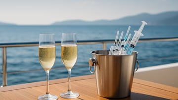 Champagne and syringes on yacht - artist's impression
