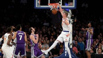 NEW YORK, NY - NOVEMBER 11: Kristaps Porzingis #6 of the New York Knicks dunks the ball against the Sacramento Kings in the first half during their game at Madison Square Garden on November 11, 2017 in New York City. NOTE TO USER: User expressly acknowledges and agrees that, by downloading and or using this photograph, User is consenting to the terms and conditions of the Getty Images License Agreement.   Abbie Parr/Getty Images/AFP
 == FOR NEWSPAPERS, INTERNET, TELCOS &amp; TELEVISION USE ONLY ==