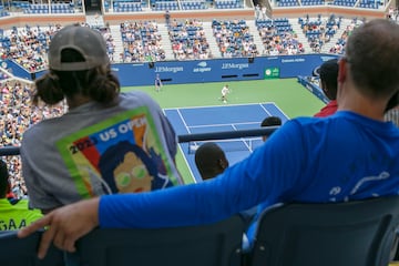 The crowd watches a practice session between Daniil Medvedev of Russia and Novak Djokovic of Serbia during Arthur Ashe Kids' Day