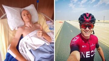 Chris Froome, tras su caída y antes de competir en el UAE Tour ocho meses después.