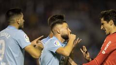 David Junc&agrave;, Maxi G&oacute;mez y Brais M&eacute;ndez piden penalti sobre Boufal a Muniera Montero durante el partido contra el Legan&eacute;s.