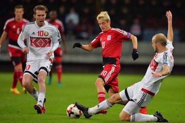 16 year-old Vincent Thill in action for Luxembourg against Belarus.