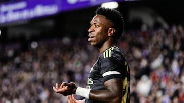 Vinicius Junior of Real Madrid Cf reacts during LaLiga Santander match between Real Valladolid and Real Madrid at Estadio Jose Zorilla on December 30, 2022 in Valladolid, Spain. (Photo by Alavaro Medranda/Icon Sport via Getty Images)