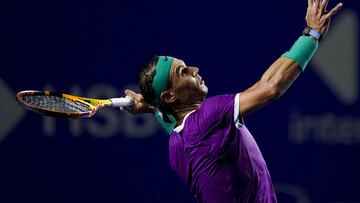 Spain's Rafael Nadal serves to United States' Stefan Kozlov at the Mexican Open tennis tournament in Acapulco, Mexico, Wednesday, Feb. 23, 2022. (AP Photo/Eduardo Verdugo)