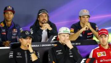 RUEDA DE PRENSA OFICIAL DE LA FIA. En la fila de arriba: Ricciardo, Alonso y Sainz. En la de abajo: Rosberg, Hulkenberg y Vettel.