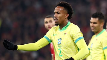 Brazil's midfielder #02 Eder Militao reacts during the International friendly football match between Brazil and Tunisia at Stade Pierre-Mauroy, in Villeneuve-d'Ascq, northern France, on November 18, 2025. (Photo by FRANCK FIFE / AFP)