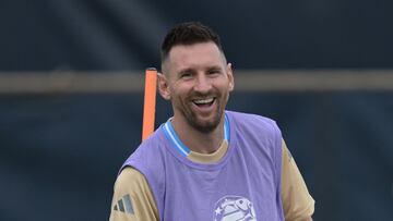 Argentina's forward Lionel Messi laughs during a training session one day before the Conmebol 2024 Copa America tournament final football match between Argentina and Colombia at the Florida International University (FIU) in Miami, Florida, July 13, 2024. (Photo by JUAN MABROMATA / AFP)