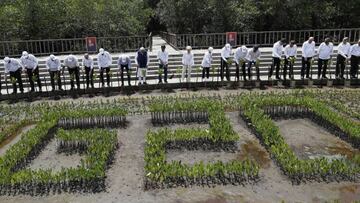 Leaders plant their seedlings during a mangrove planting event at the Tahura Ngurah Rai Mangrove Forest Park as part of the G20 Leaders' Summit in Nusa Dua.