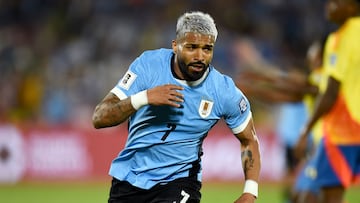 Uruguay's forward #07 Rodrigo Aguirre celebrates after scoring his team second goal during the 2026 FIFA World Cup South American qualifiers football match between Uruguay and Colombia at the Centenario stadium in Montevideo on November 15, 2024. (Photo by DANTE FERNANDEZ / AFP)